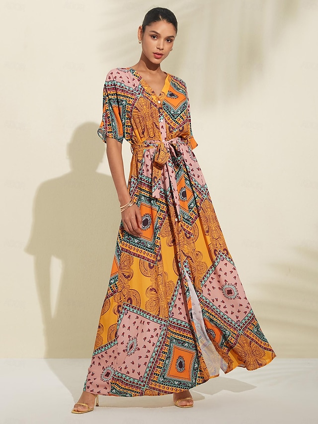  Elegant Folk Print Maxi Dress
