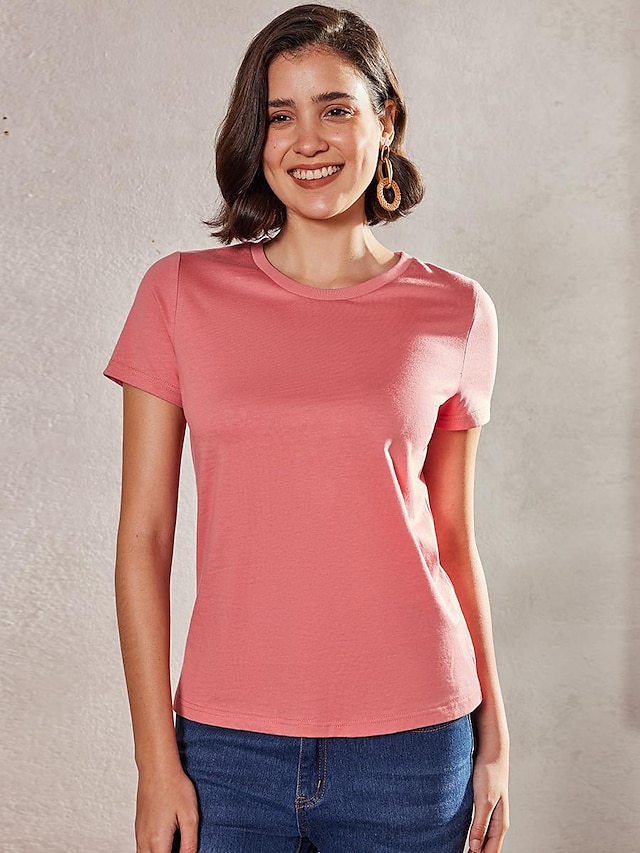  Chemise d'été basique pour femme en coton 100% blanc rose bleu à manches courtes   col rond classique   coupe régulière