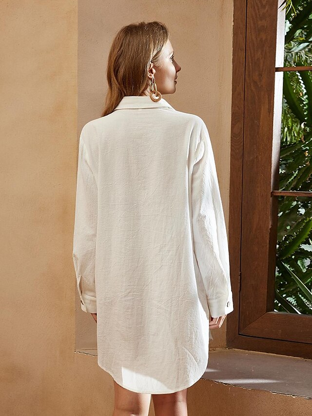  Basic Women's Long Sleeve Shirt Dress in Pure Color