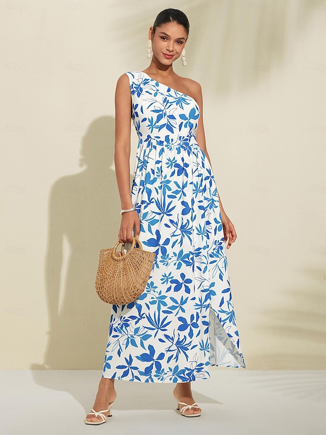  Print Floral One Shoulder Maxi Dress