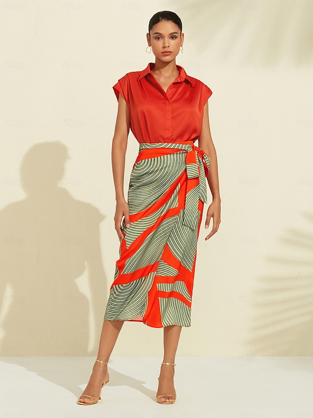  Conjunto de falda con estampado de camisa de color liso de satén
