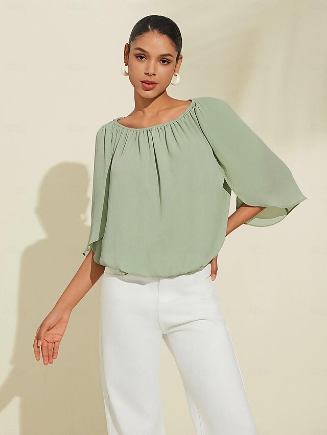  Solid Petal Sleeve Pleated Casual Shirt