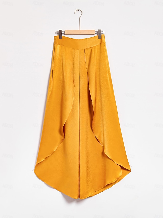 Women s Pants Casual Swing Ruffle Satin Yellow High Pants For