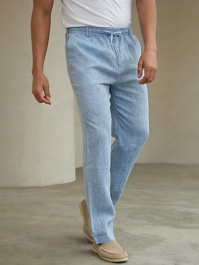 Linen Men's Pants Trousers Elastic Waist Straight Leg