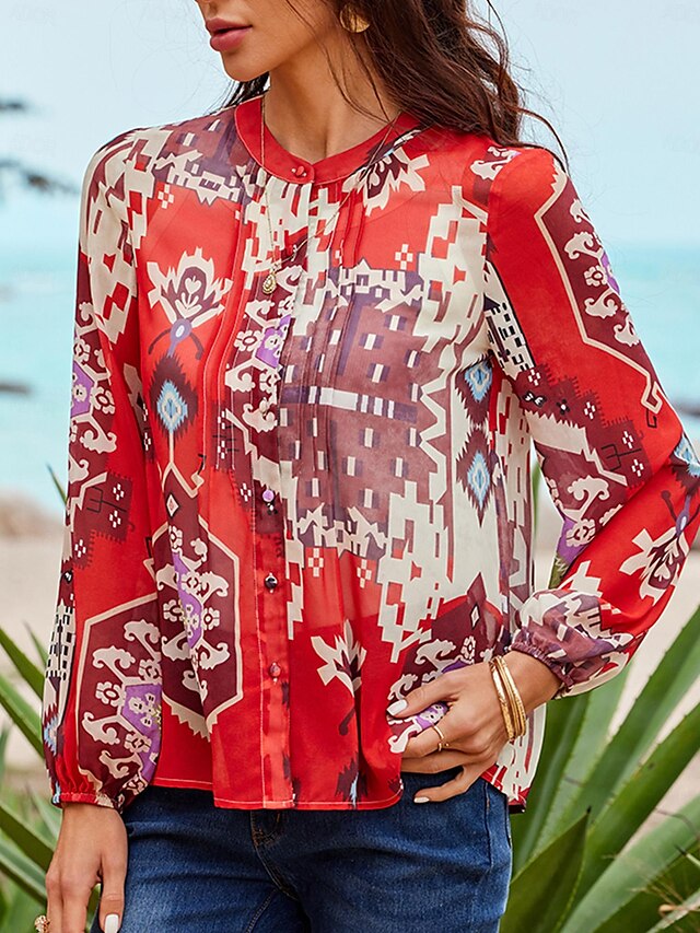  Kvinders Skjorte Bluse Grafisk Etnisk Arbejde Ferie  Rød Vintage Mode V hals Overgang