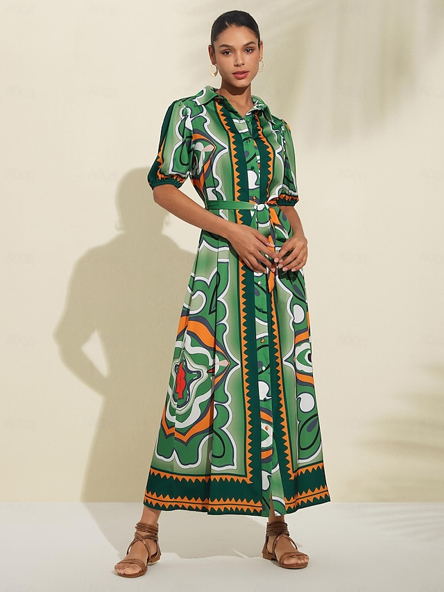  Brand Geometric Design Belted Maxi Dress