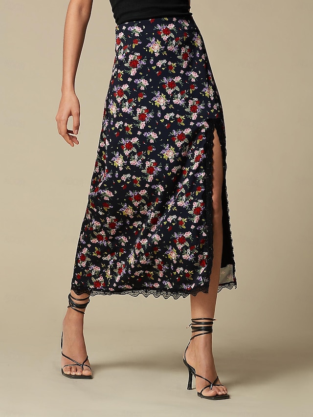  Satin Lace Trim Printed Terylene Midi Skirt