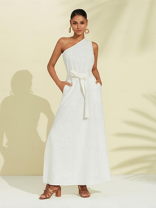  White Pure Linen One-shoulder Maxi Dress