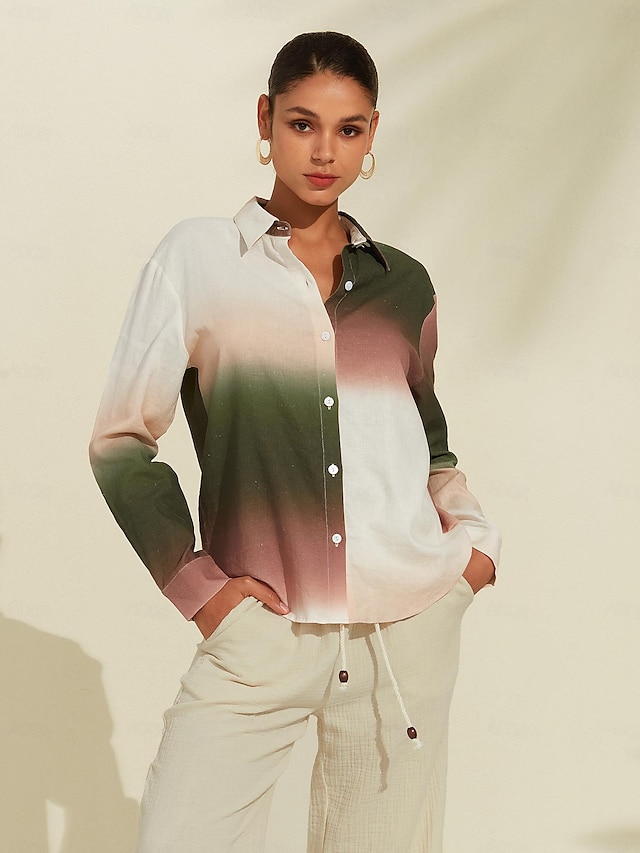  Kvinnens Casual Linen Skjorte med Gradient Design