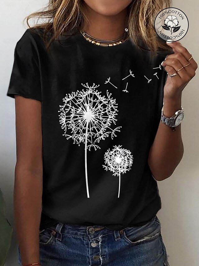  Women's T shirt Tee Black White Yellow Print Butterfly Dandelion Casual Holiday Short Sleeve Round Neck Basic Regular Floral Painting S
