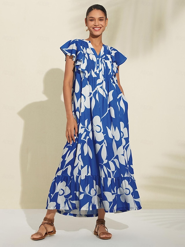  Elegant Print V Neck Maxi Dress