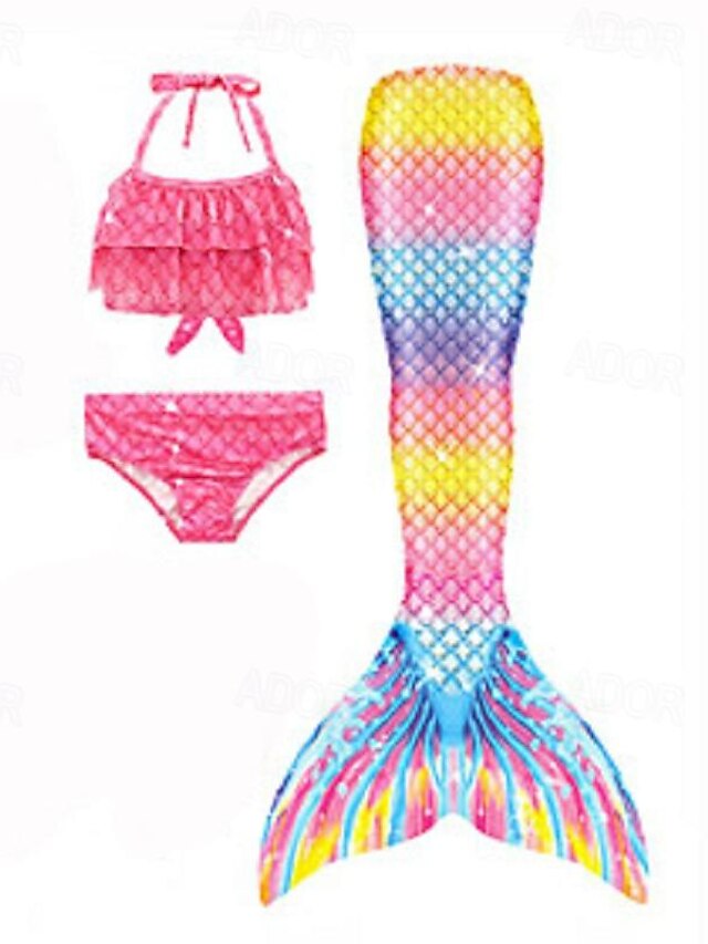  Kids Girls' Swimwear Bikini 4 PCS Swimsuit Mermaid Tail The Little Mermaid With Monofin Swimwear Rainbow Geometric Colorful Red Blushing Pink Party Active Cosplay Costumes Bathing Suits 3-10 Years