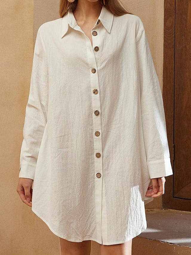  Damen blusenkleid Minikleid Bettwäsche aus Baumwolle Knopf hoch Taste Basic Täglich Hemdkragen Halbe Ärmel Sommer Frühling Weiß