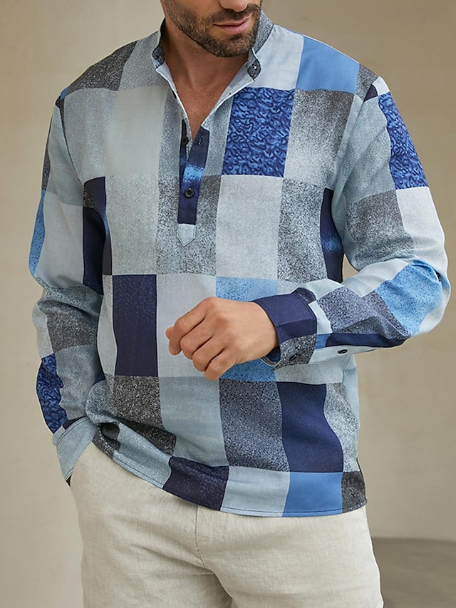  Men's Plaid Shirt   Stand Collar Geometry Design   Yellow Blue Green Light Blue Gray   Long Sleeve   Designer