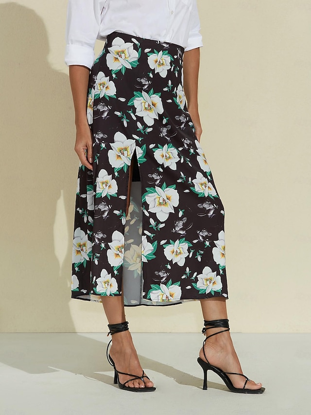  Floral Slit Midi Skirt