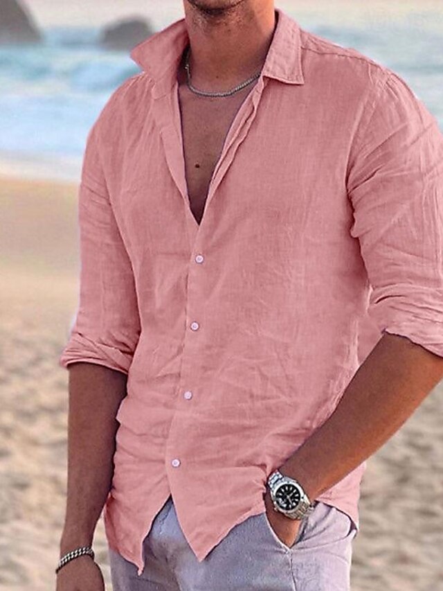  Hombre camisa de lino Camisa Camisa de verano Camisa de playa Negro Blanco Rosa Manga Larga Color sólido Cuello Vuelto Primavera verano Exterior Calle Ropa Abotonar