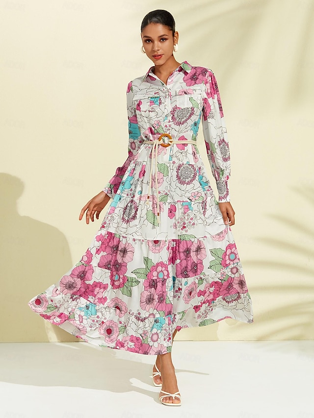  Floral Lapel Maxi Dress with Belt
