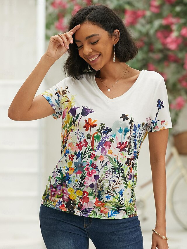  Women's T shirt Tee Black White Blue Print Graphic Floral Casual Daily Short Sleeve V Neck Basic Regular Floral Butterfly S