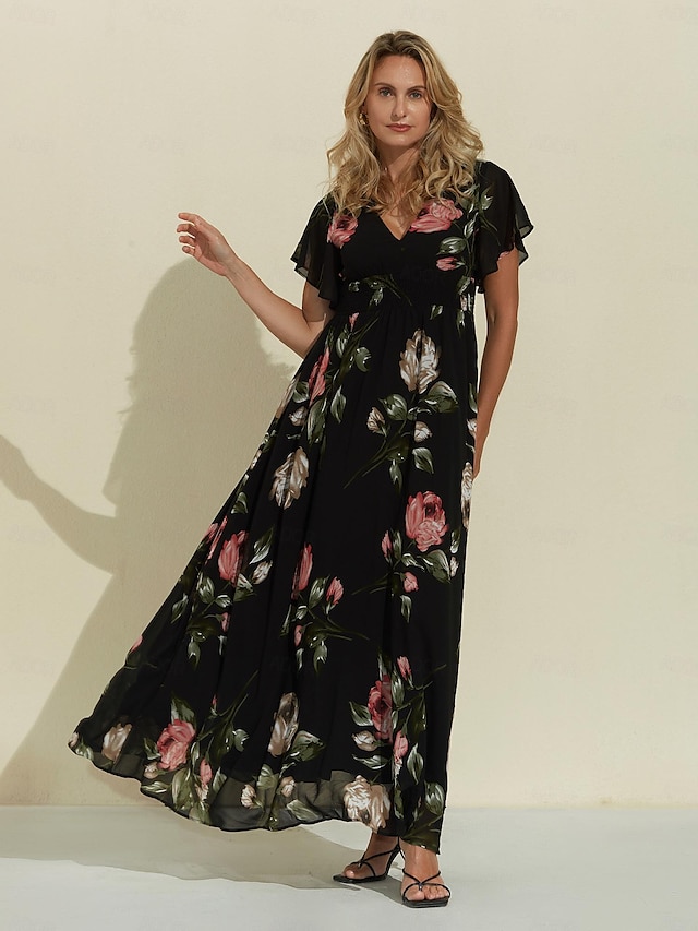  Black Floral Print Maxi Dress