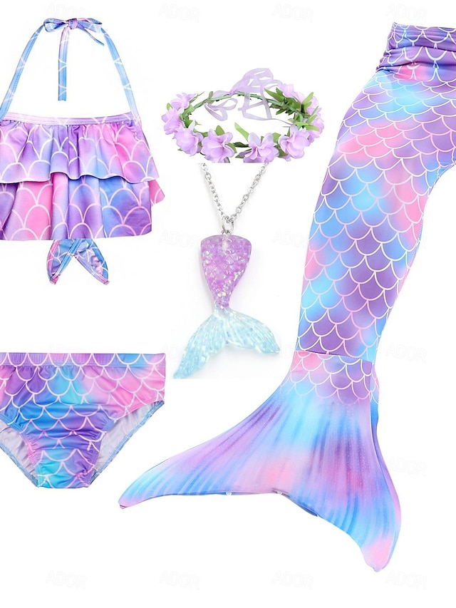  Kids Girls' Five Piece Swimwear Bikini Swimsuit Monofin Swimwear Sleeveless Rainbow Tie Dye Purple Cute Beach Swimming Bathing Suits 3-10 Years / Summer