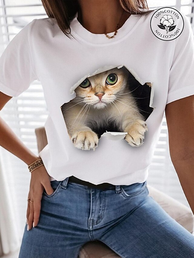  Women's Casual 100% Cotton Graphic Cat Print Tee