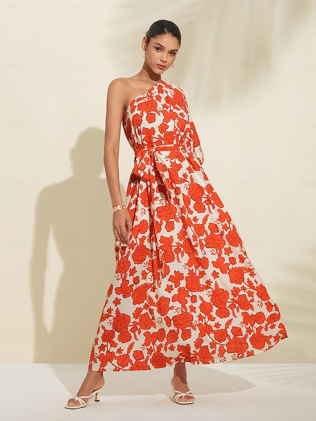  Brand Diagonal Neck Linen Floral Maxi Dress