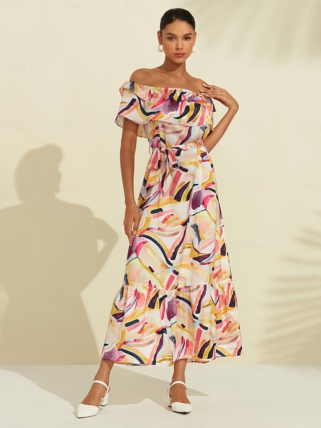  Graphic Print Strapless Ruffle Midi Dress