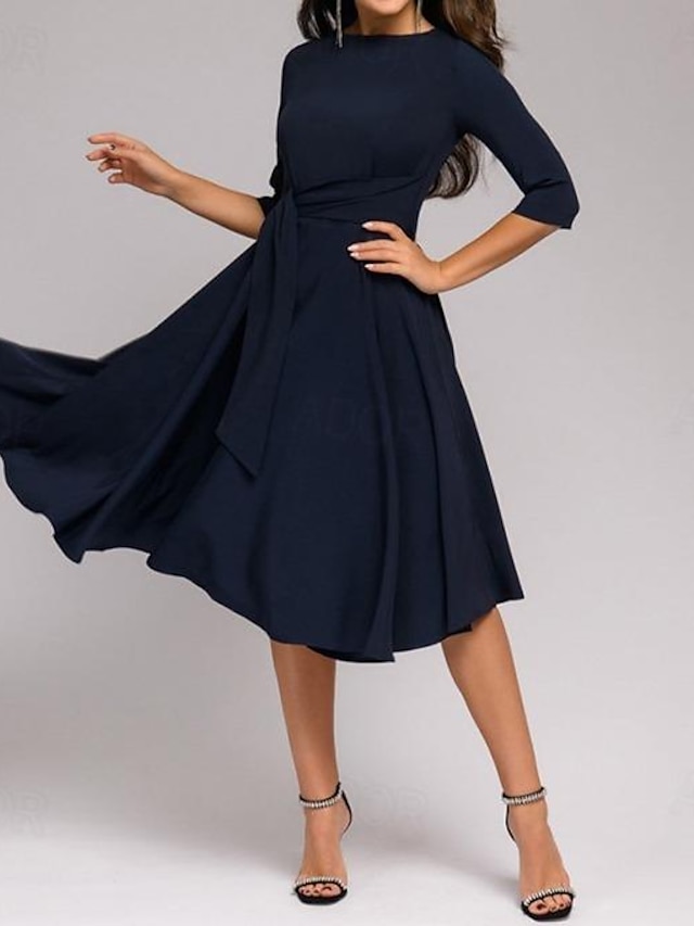  Women's Party Dress Tie Front Belted Crew Neck 3/4 Length Sleeve Midi Dress Elegant Classic Navy Blue Beige Spring