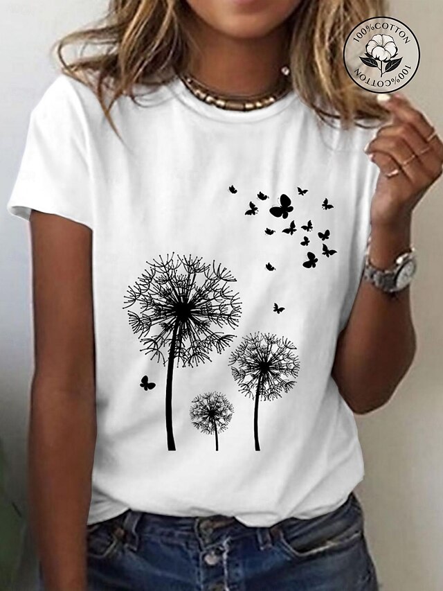  Damen T Shirt Schmetterling Löwenzahn 100% Baumwolle Schwarz Weiß Kurzarm Bedruckt Basic Täglich Wochenende Rundhalsausschnitt Regular Fit