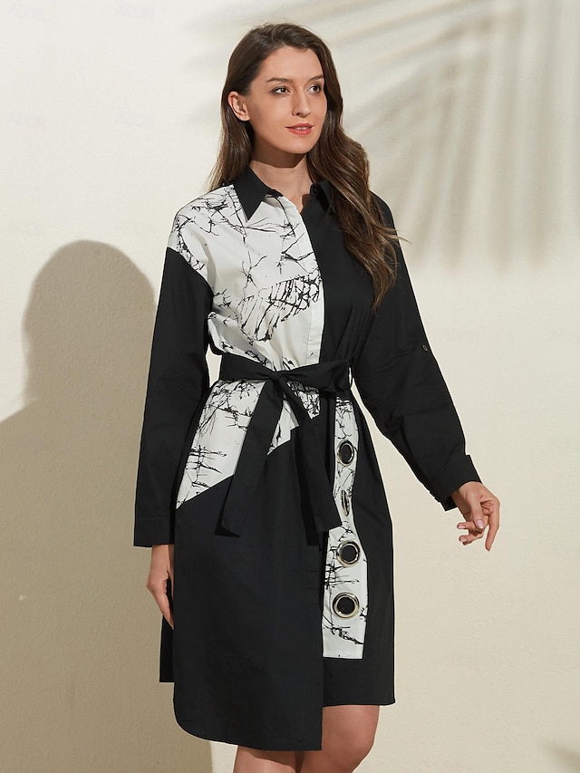  Graphic Print Belted Knee Length Shirt Dress