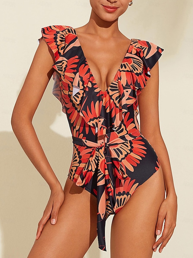  Triangle Ruffle Floral One piece Swimsuit