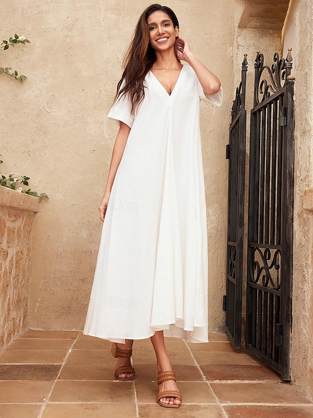  Cotton Linen A Line Solid Maxi Dress