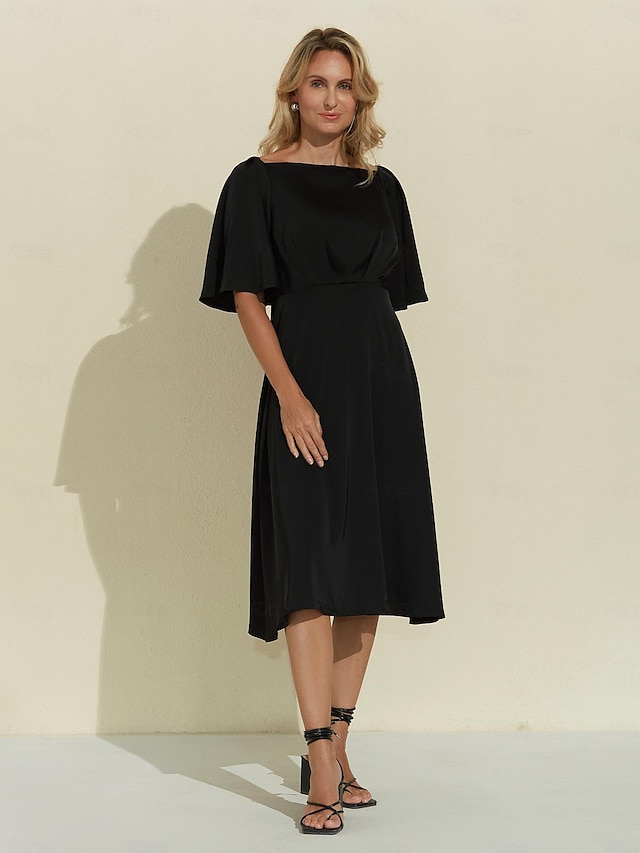  Black LuxeSatin Elegant Midi Dress