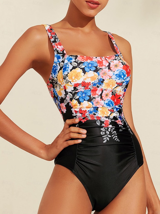  Floral Square Print One Piece Swimsuit