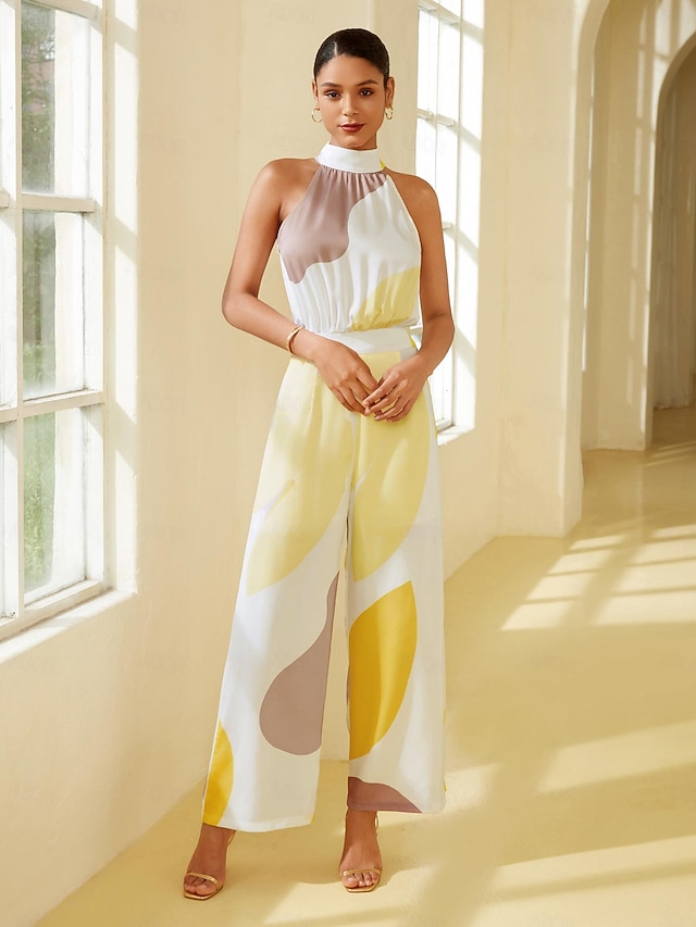 Yellow Floral Allover Print Shirred Cut Out High Waist Jumpsuit main image 1