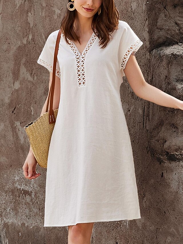  Casual Cotton Linen Mini Dress  V Neck Design