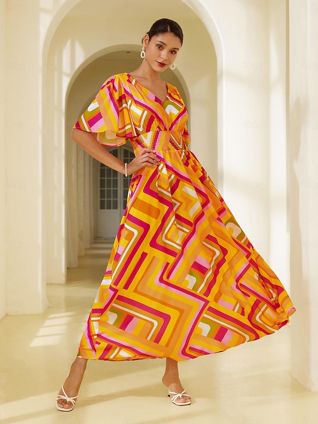  Geometric Print V Neck Chiffon Maxi Dress