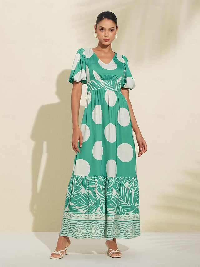  Polka Dot Geometric Belted Maxi Dress