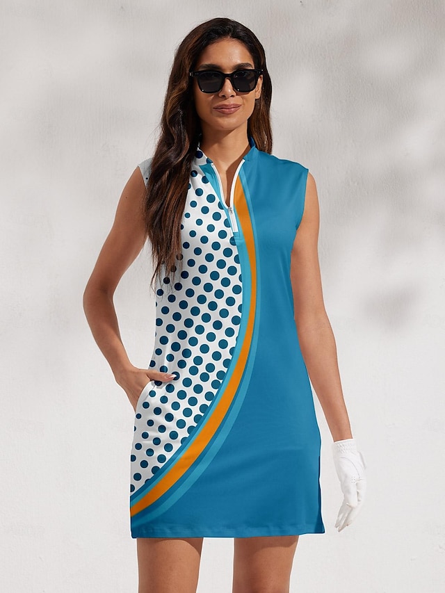  Vestido de Golfe Feminino sem Mangas de Proteção Solar  Azul Vermelho com Estampa de Bolinhas