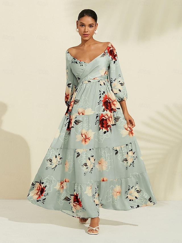  Elegant Lace up Floral Satin Maxi Dress