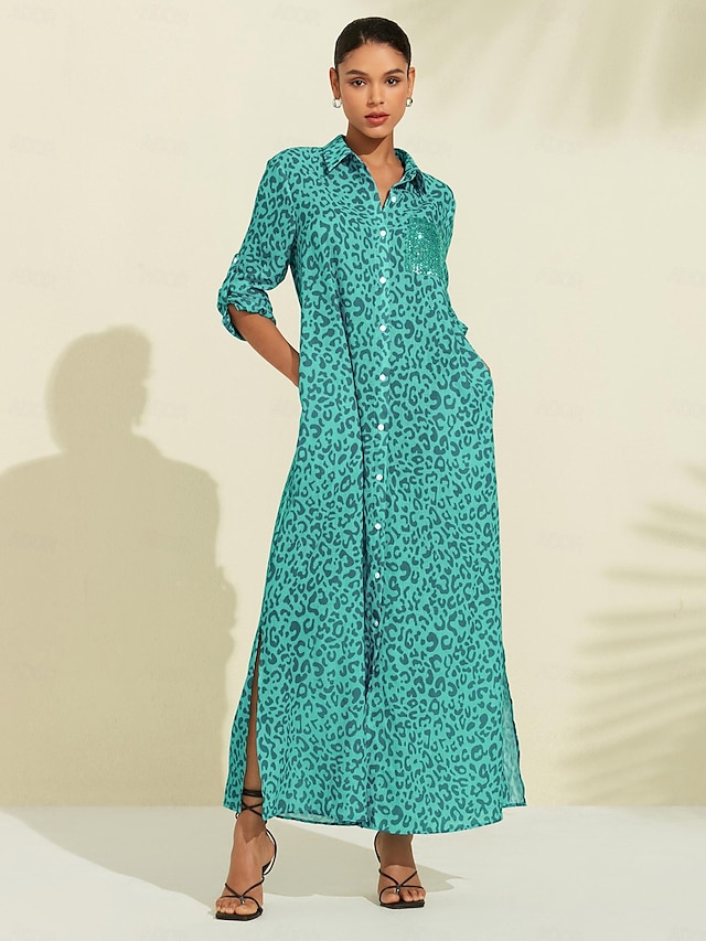  Elegant Sequin Leopard Maxi Shirt Dress
