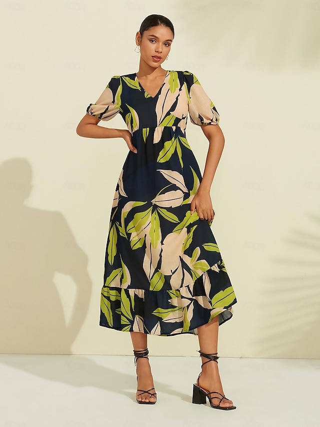  Elegant Leaf Pattern V Neck Midi Dress