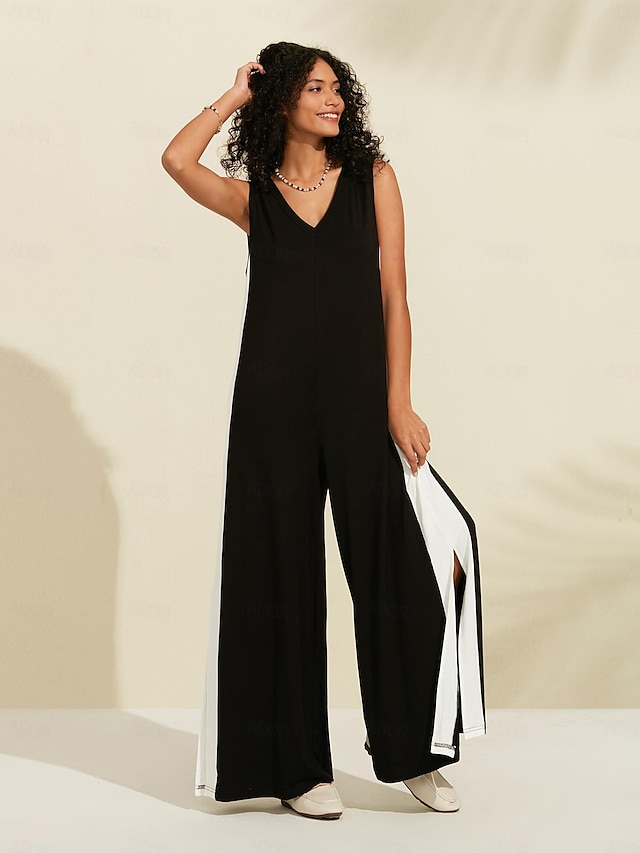  Modal Contrasting Colors Sleeveless Wide-leg Jumpsuit