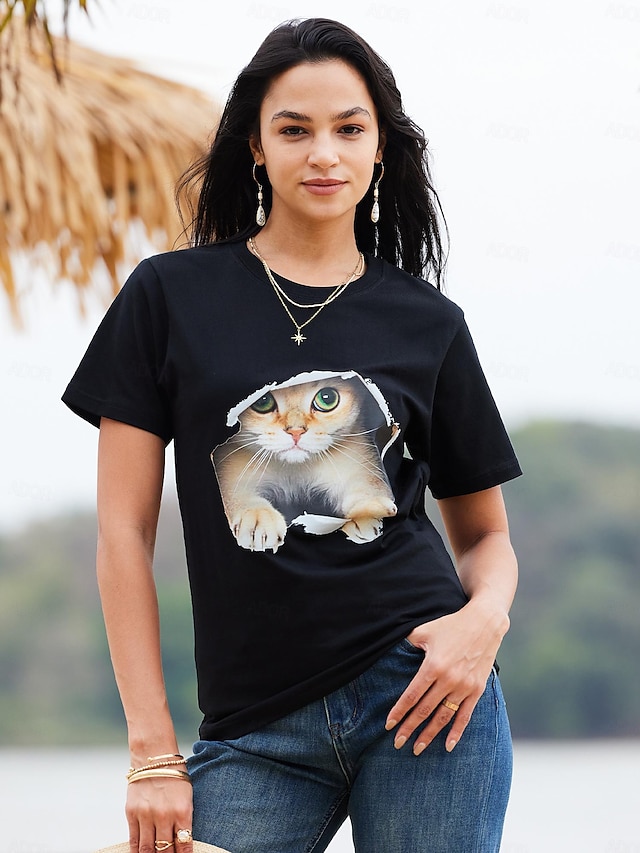  Women's Casual 100% Cotton Graphic Cat Print Tee