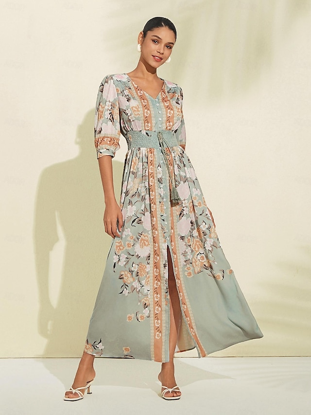  Satin Floral Elastic Waist Maxi Dress