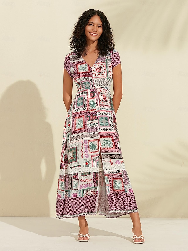  Rainbow Geometric Lace Maxi Dress