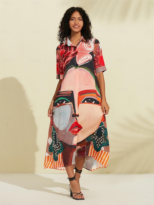  Loose Human Face Print Maxi Dress