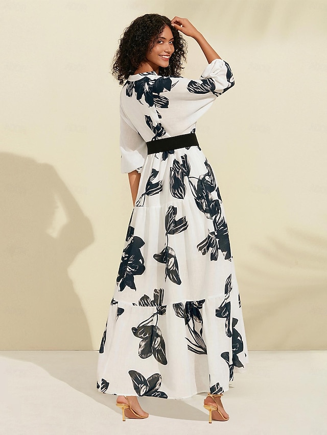  Denim Floral V Neck Belted Maxi Dress