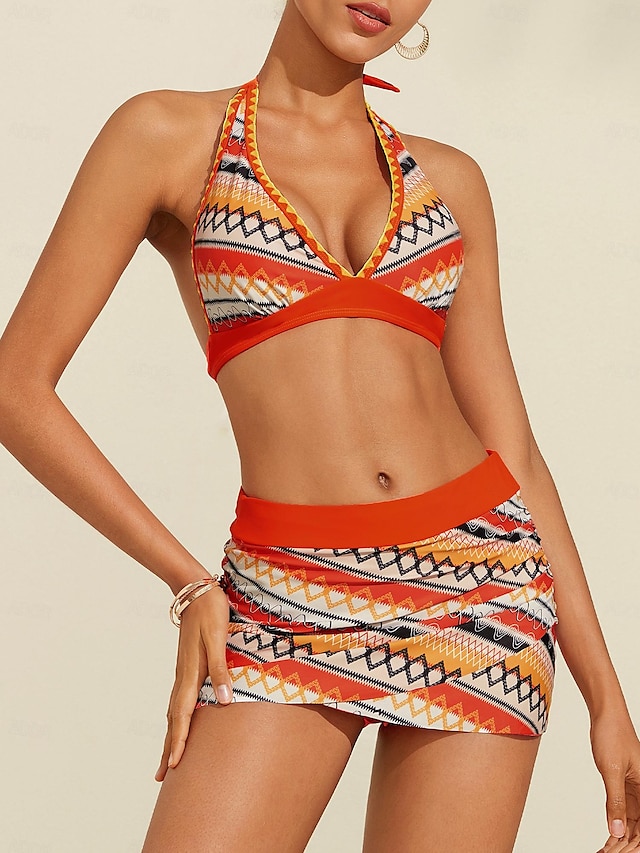  Embroidery Stripe Longline Bikini Swimsuit Set