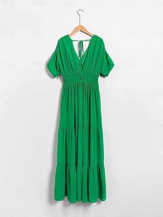 Women's Chiffon Green Halter V Neck Tie Back Smock Maxi